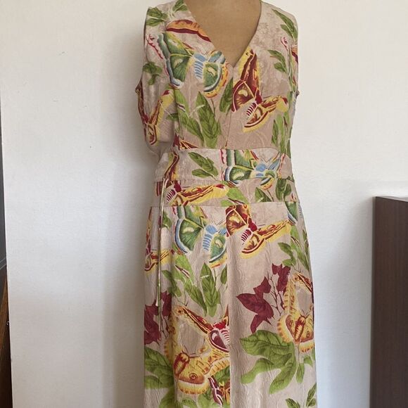 Citron silk dress sz M Luna moth leaf print beige green red yellow EUC waist tie - Picture 3 of 8